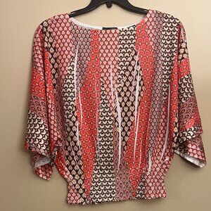 J.T.B. Women's Pull on, boat neckline, bell sleeve, orange multi color top, SZ L